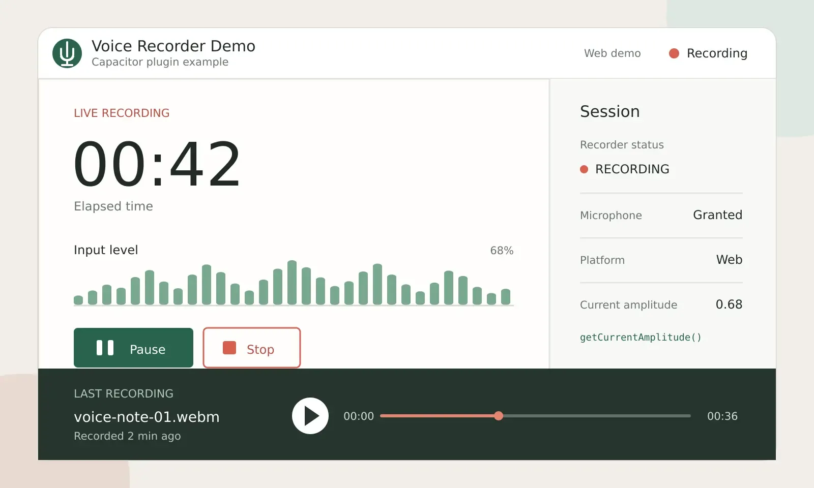 Demo application using Capacitor Voice Recorder during an audio recording, showing recording status, elapsed time, and controls.
