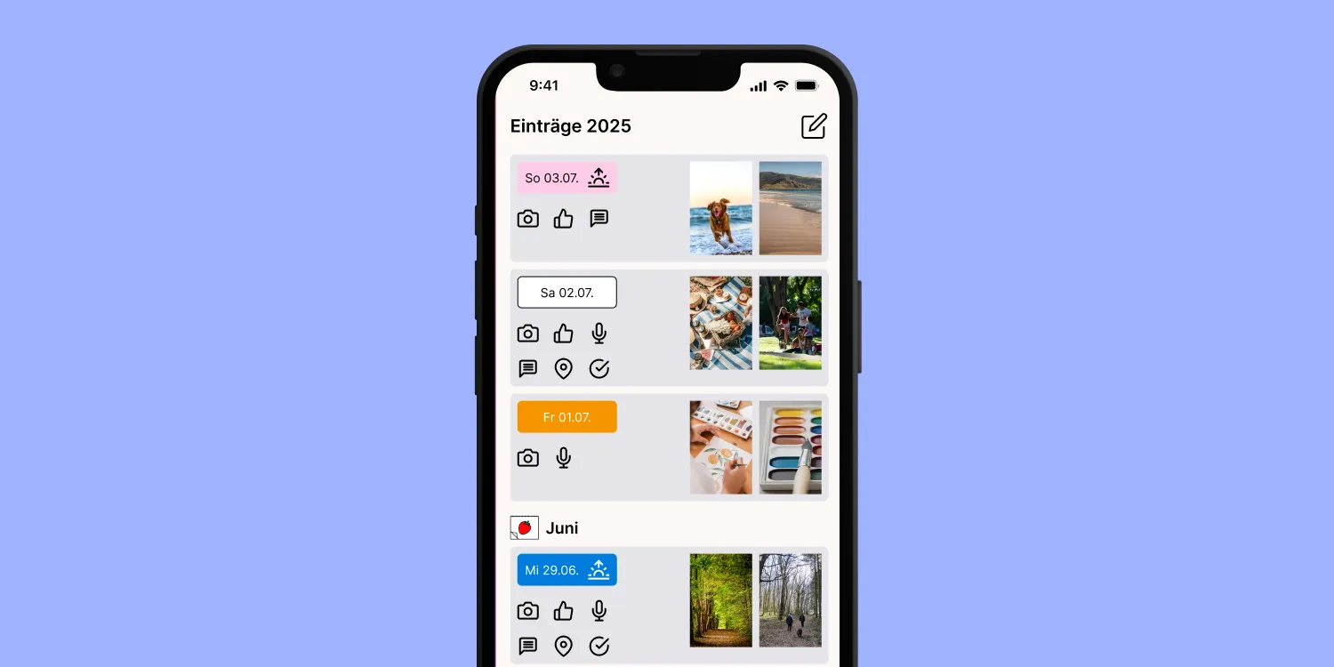 Übersicht der Tagebuch Einträge mit Fotos und Audios in der Independo Tagebuch App
