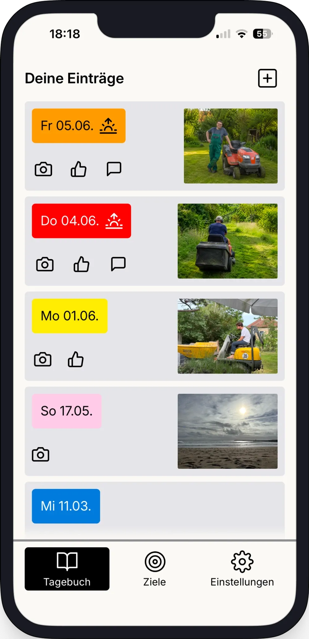 Independo Tagebuch mit Alltagseinträgen auf einem Smartphone