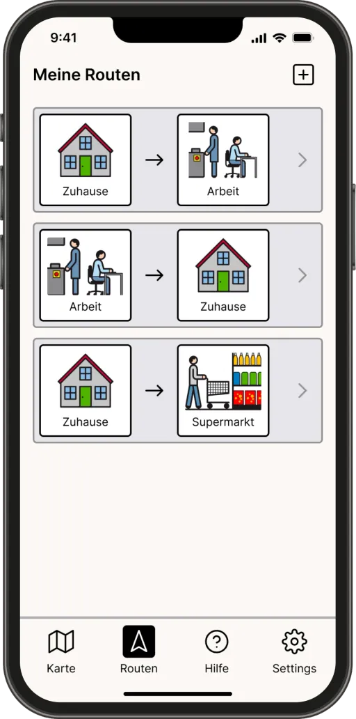 Prototyp-Bildschirm mit der Überschrift Meine Routen: drei gespeicherte Wege, jeder als Paar von Piktogrammen mit einem Pfeil dazwischen, zum Beispiel Zuhause zu Arbeit.