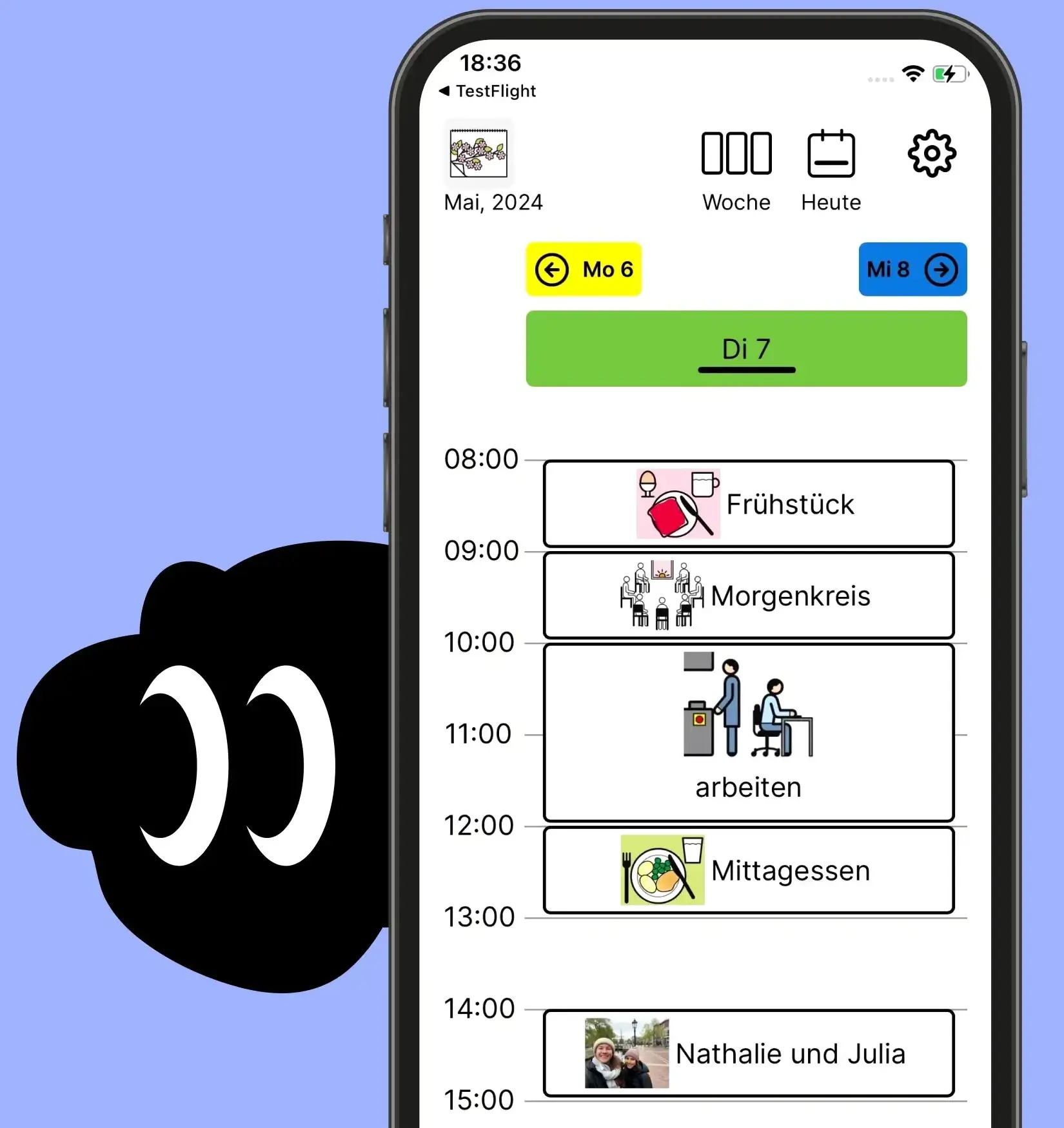 Mockup der Independo Kalender-Tagesübersicht. Die Termine werden als Metacom-Symbole und Audio anstelle
          von reinem Text angezeigt.
        