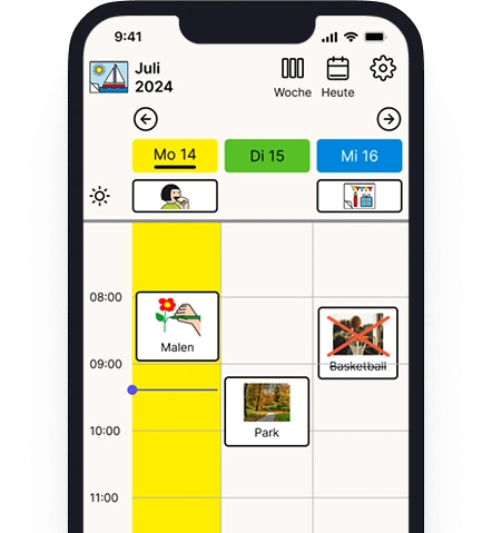 Mockup der Independo Kalender-Tagesübersicht. Die Termine werden als Metacom-Symbole und Audio anstelle
          von reinem Text angezeigt.
        